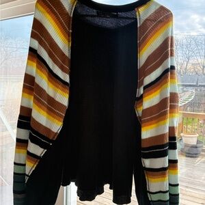 Women’s Striped Sweater - Black with Brown and Yellow Stripes on balloon sleeve